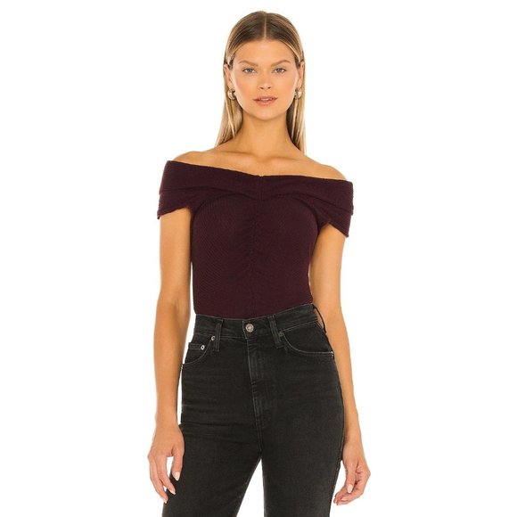 FREE PEOPLE This Cutie Ruched Off-The-Shouder Top Black Raisin - Picture 2 of 7